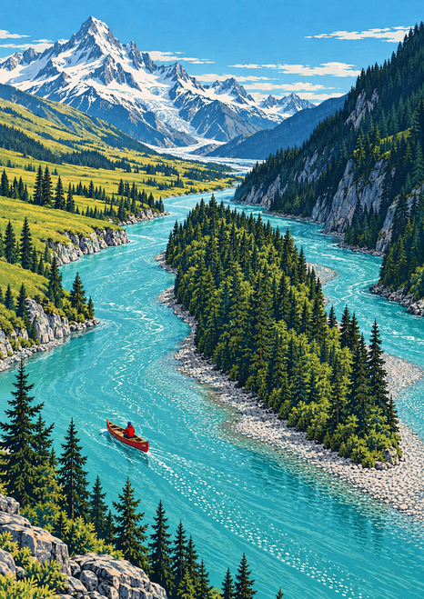 Elevated view of a turquoise branching river around a forested island, with a small red canoe beneath snow-capped alpine peaks.
