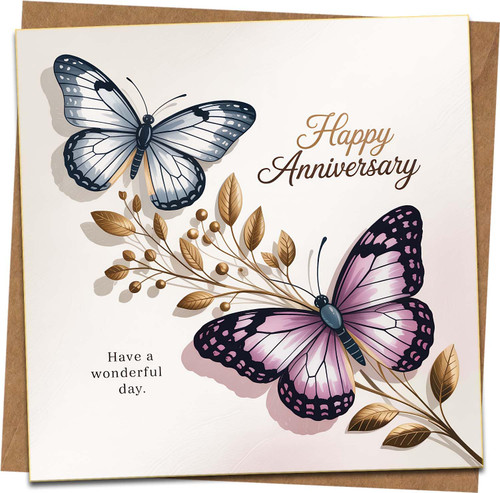 Happy Anniversary Card - Butterfly Floral Design, 145mm x 145mm Square Greeting with Kraft Envelope, Elegant Romantic Card for Wife, Husband, Couple, Parents