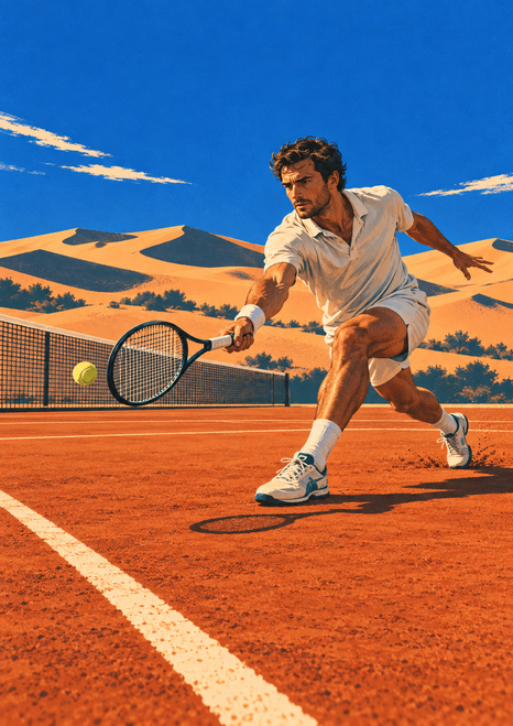 Tennis player in white lunging with a racket toward a yellow ball on an orange court backed by dunes.