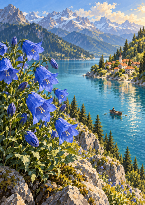 Large blue bellflowers on a rocky ledge overlooking a turquoise alpine lake, a distant village, mountains, and a small rowboat.