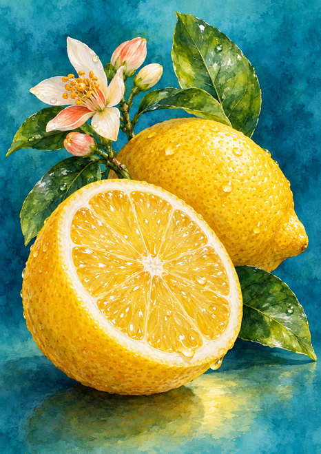 Cut lemon half and whole lemon with glossy leaves, water droplets, and white and coral-pink blossoms against blue-green.