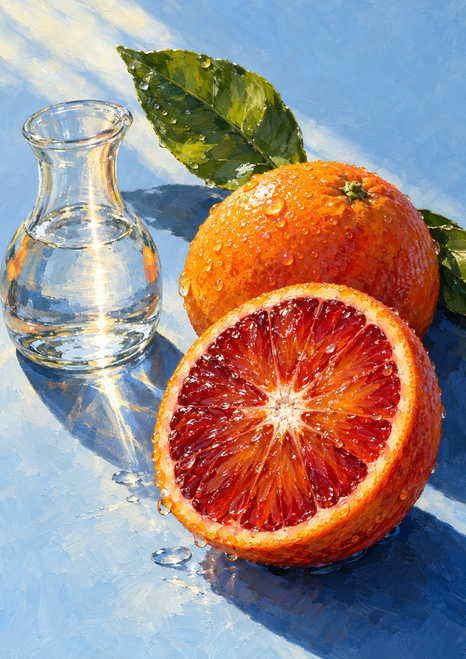 Cut blood orange and whole water-speckled orange with green leaves beside a clear carafe on a pale blue surface.