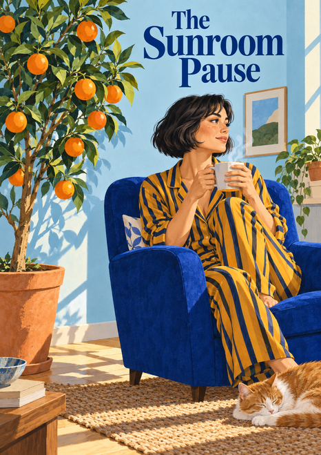 Adult woman holding a cup in a cobalt armchair beside a potted orange tree, with a cat on the rug and title lettering above.