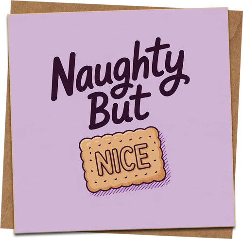 Naughty But Nice Biscuit Funny Greeting Card – 145mm Square – Humorous Birthday, Anniversary or Valentine Card for Him or Her – Purple Design with Kraft Envelope