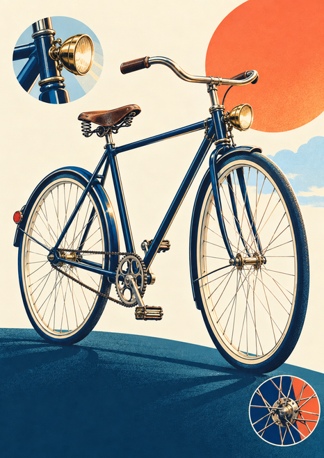 Antique-style navy bicycle with brass headlamp and two circular mechanical detail insets against a coral and ivory background.