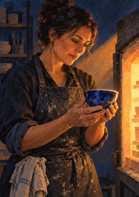 Woman in a dark work apron holding and examining a small cobalt-blue bowl beside an open, glowing kiln.