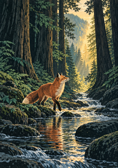 Russet red fox standing on a rocky bank beside a reflective stream beneath tall forest trees and a distant amber-lit opening.