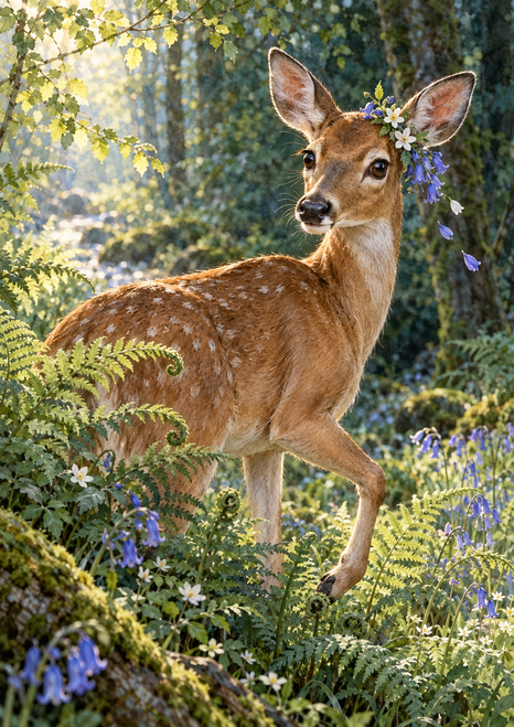 Young deer with a raised foreleg and flowers beside one ear, standing among ferns in a green woodland clearing.