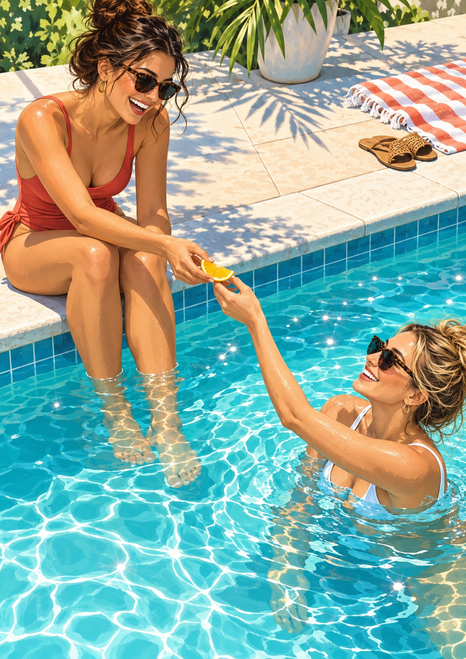 Two women share a citrus wedge at the edge of a turquoise swimming pool.