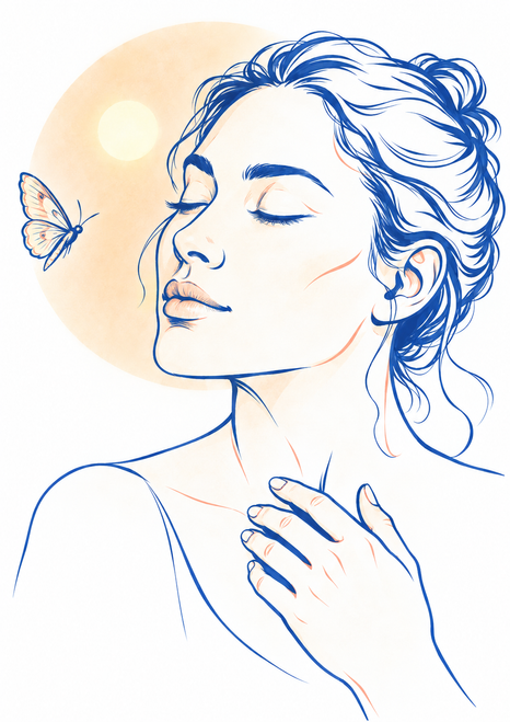 Minimal cobalt line portrait of a closed-eyed adult with a hand at the collarbone and a butterfly nearby.