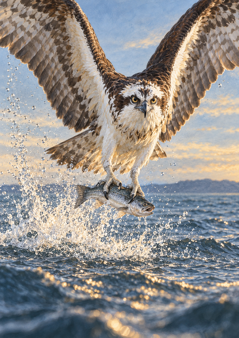 Forward-facing osprey with broad raised wings gripping a fish in its talons above a foaming splash and blue water.
