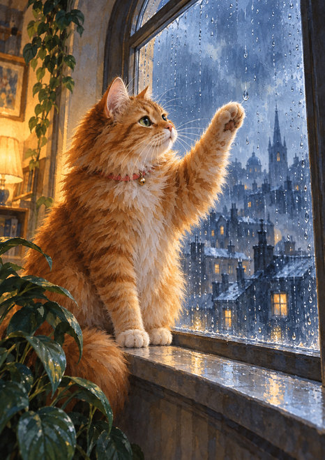 Fluffy ginger cat on a windowsill raising one paw toward a rain-streaked arched window, with a leafy plant and city view.