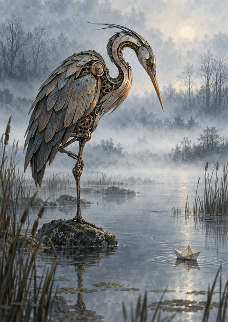A mechanical heron with layered metal feathers and visible gears stands on a stone beside a small paper boat in a misty pond.