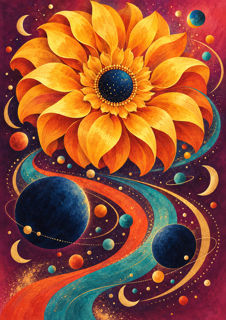 Golden-orange geometric flower with a star-speckled blue center surrounded by planets, moons, dots, and turquoise and vermilion bands.