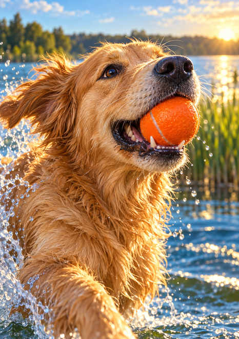 Golden retriever holding an orange ball in its mouth at a sunny lakeshore, with water splashing around its coat.