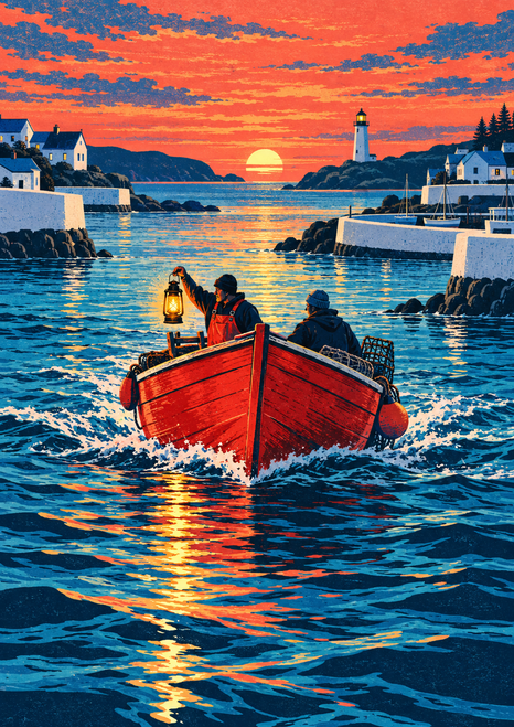 Red skiff carrying two boaters, one holding a glowing lantern, on sunset water between white seawalls, with a distant lighthouse.