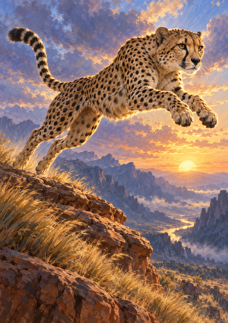 Spotted cheetah leaps above a rocky sandstone ridge at sunrise, its forepaws extended and tail curled against clouds and distant mountains.