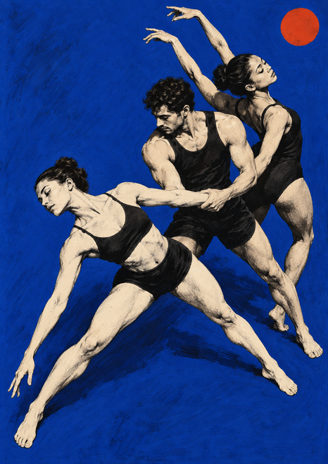 Three adult dancers in dark dancewear form connected diagonal poses against cobalt blue, with a small vermilion circle above.