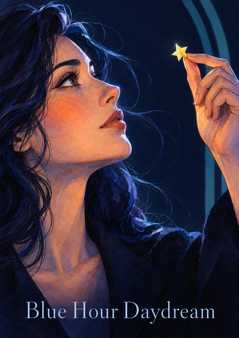 Close-up profile of a woman looking at a tiny yellow faceted star held between her fingers against a dark blue background with a teal arc.