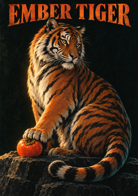 Poster illustration of a seated orange-and-black tiger looking back, with one paw on a bright orange-red fruit atop a dark rocky ledge.