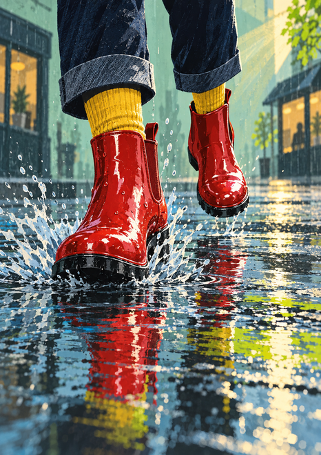 Glossy cherry-red ankle rain boots and yellow socks stepping through a city puddle, with water splashes and colorful reflections.