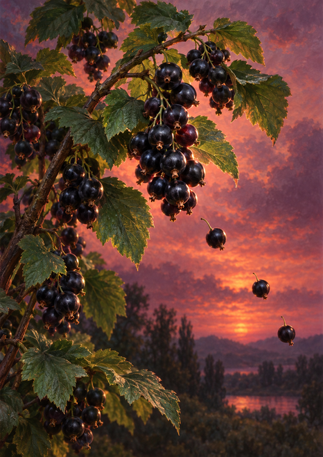 Arching blackcurrant branch with glossy dark berries and serrated green leaves against a rose-plum sunset landscape.