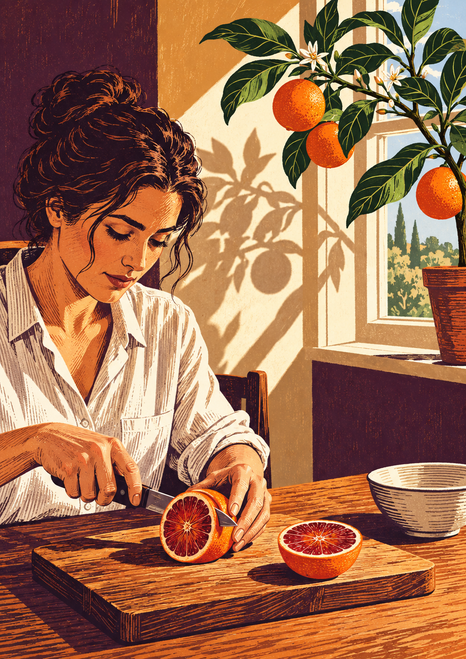 An adult woman slices a blood orange on a wooden board beside a bowl, with a leafy citrus branch by a bright window.