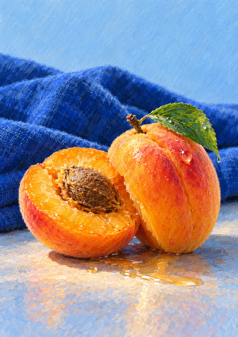 Cut apricot exposing orange flesh and a brown stone beside a whole apricot with a green leaf, arranged against cobalt-blue cloth.