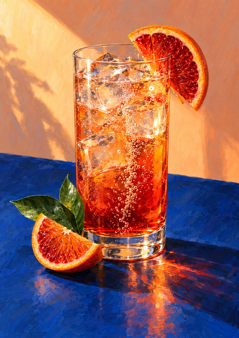 Tall glass of amber-red sparkling liquid with ice and a blood-orange slice, beside an orange wedge and green leaves.
