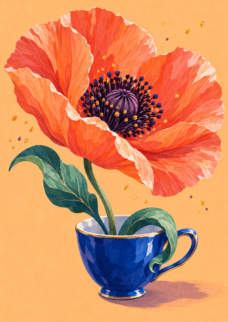 A large coral-orange poppy grows above a cobalt teacup against an apricot ground, with green leaves and floating flecks.