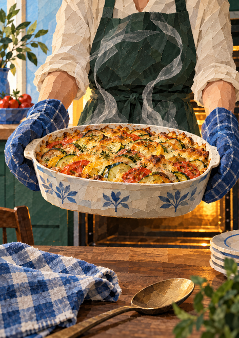 Cook in blue checked oven mitts holding a steaming casserole of browned vegetable gratin before a glowing oven, with a checked cloth and serving spoon.