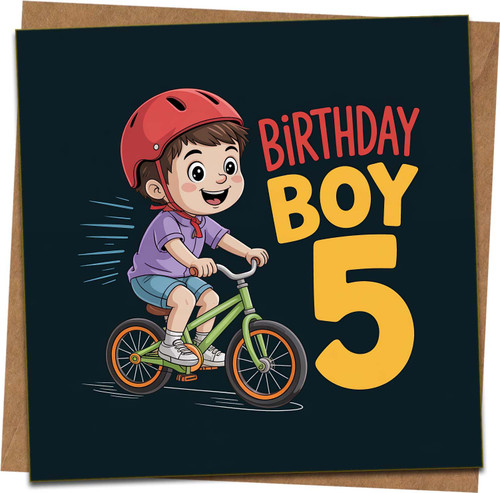 5th Birthday Card for Boy – Bicycle Rider Design – Age 5 Happy Birthday – 145mm x 145mm Square Greeting Card with Kraft Envelope – Son Grandson Nephew Kids