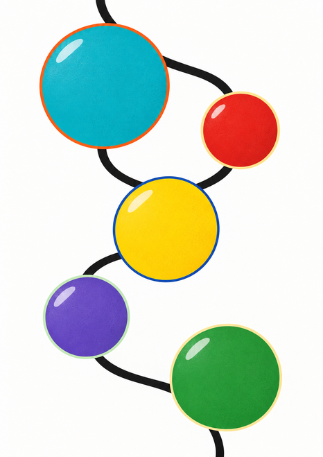 Five glossy colored disks linked by a looping black line on a white background.