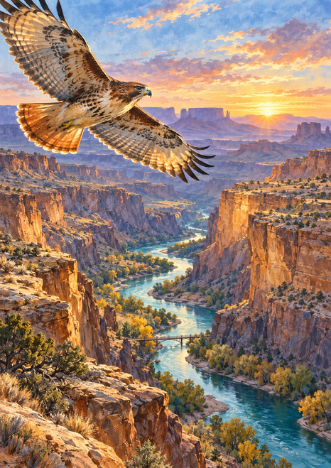 A hawk gliding over an ochre canyon with a winding turquoise river, bridge and distant mesas at dawn.