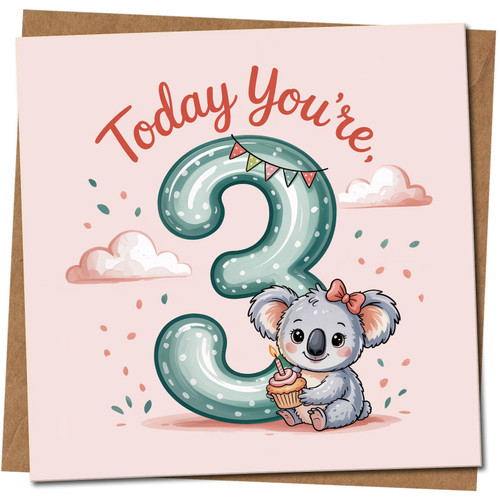 3rd Birthday Card - Cute Koala and Cupcake, Pastel Pink, Today You're 3-145mm x 145mm Square Kids Birthday Card, Includes Kraft Envelope