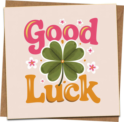 Good Luck Card 145mm x 145mm – Four Leaf Clover & Floral Design – Square Greeting Card for Exams, New Job, Farewell – Blank Inside with Kraft Envelope