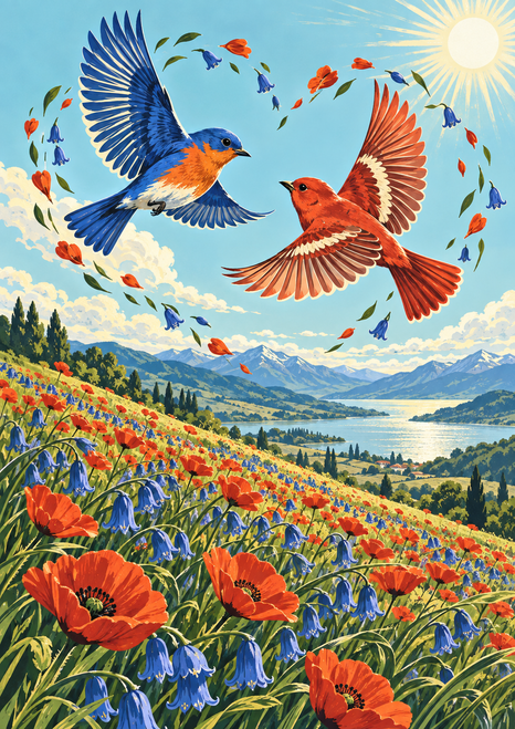 A blue-and-orange bird and a vermilion bird fly toward each other above a flower meadow, with mountains, water, and sun.