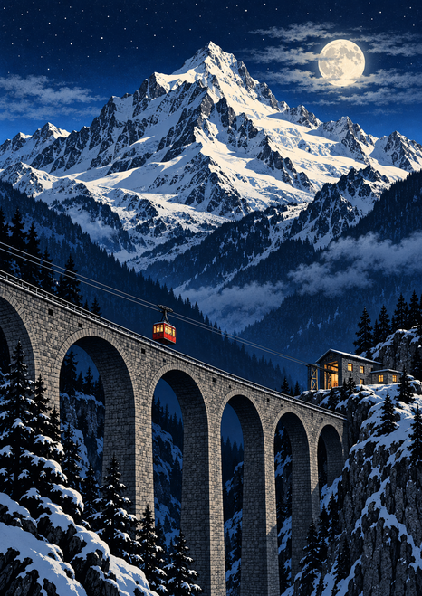 Snow-covered alpine mountain beneath a bright moon, with a stone viaduct, cable car, and illuminated station.