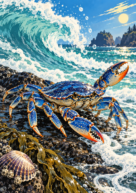 A blue-and-orange crab stands on a rocky shore beneath a curling turquoise wave, with foam, seaweed, a shell, distant headlands, and sun.