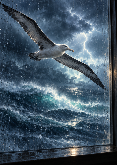 A pale albatross-like seabird gliding above stormy ocean waves, seen through rain-streaked glass with lightning behind it.