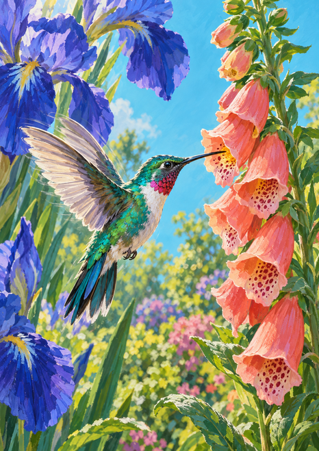 Teal-green hummingbird hovering beside coral foxglove bells, with blue-violet irises against a bright turquoise garden.