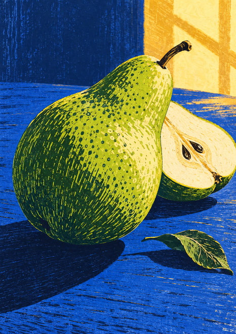 Whole green pear beside a cut half and detached leaf on a blue tabletop, with long shadows and a warm rectangular light patch.