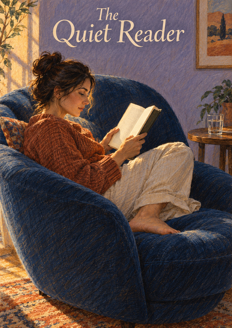 A woman reads an open book while reclining in an indigo chair beside a table and glass.