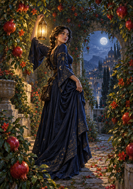 A woman in a long midnight-blue gown raises a glowing lantern in a pomegranate orchard beneath a leafy arch, with a moonlit city in the distance.