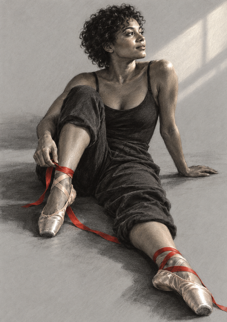 Adult ballet dancer seated on a pale gray floor in dark practice clothes and pointe shoes, handling a red ribbon and looking toward the light.