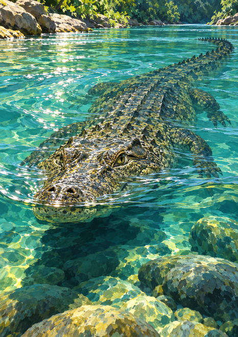 A crocodilian swimming toward the viewer in turquoise river water, its broad head above the surface and ridged back and tail receding behind.