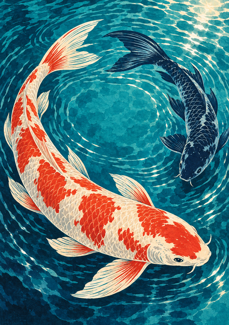 An ivory koi with vermilion patches and a dark indigo koi circle through turquoise water.