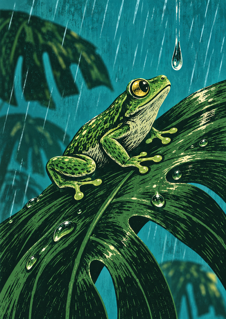 Green tree frog with golden eyes crouches on a glossy leaf, gazing at a nearby droplet against a turquoise rainy background.