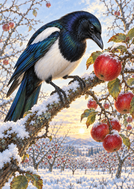 Black-and-white magpie looking toward a red apple on a snowy branch, with orchard trees and golden winter light.