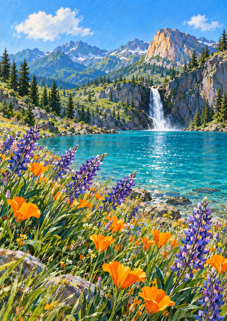 Turquoise mountain lake and waterfall framed by purple lupines, orange poppies and rocky alpine scenery.